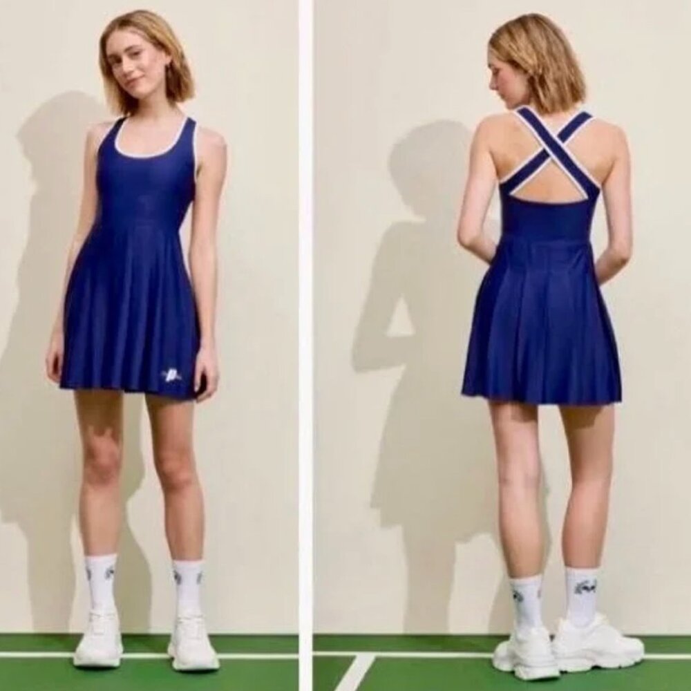 Prince Pickleball Cross-Back Pleated Dress, Navy Blue, White Trim Sz M - Sporty!